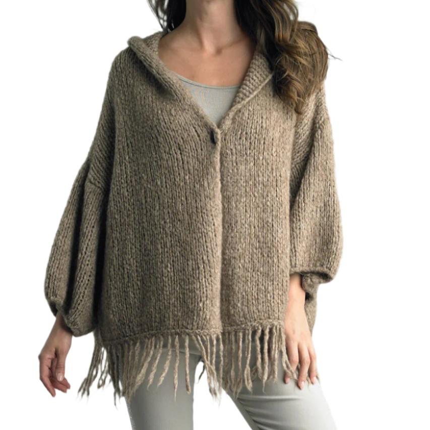 Brown Fringed Cardigan with Hood