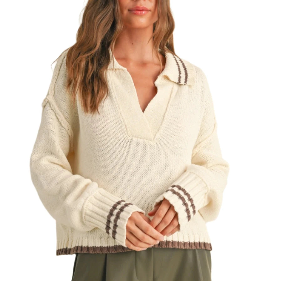 Collared Sweater with Brown Stripe Details