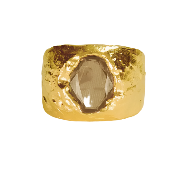 Hammered Gold Ring with Dark Jewel