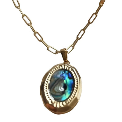 Gold Paperclip Chain with Abalone Locket Charm